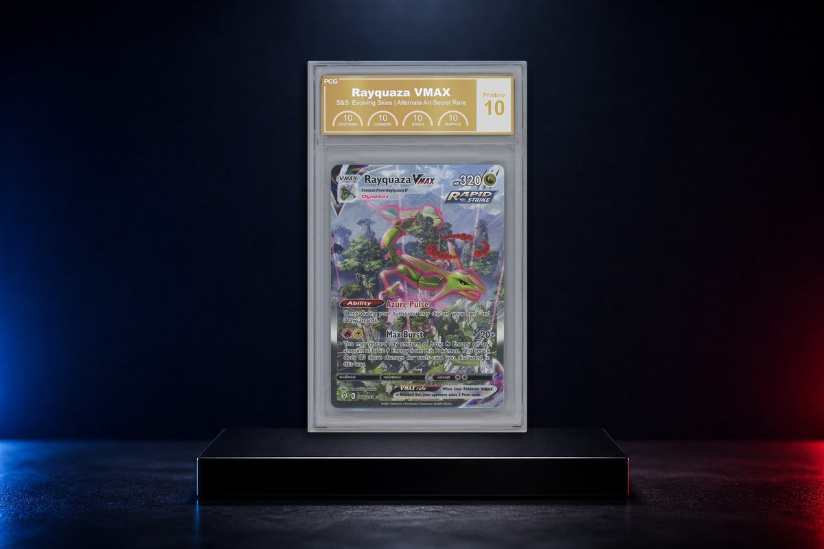 Collectible cards displayed in protective grading slabs