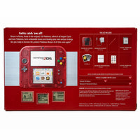 Nintendo 2DS handheld gaming console retail box back view, shown in red packaging with product details, included accessories, and compatibility text printed on the box.