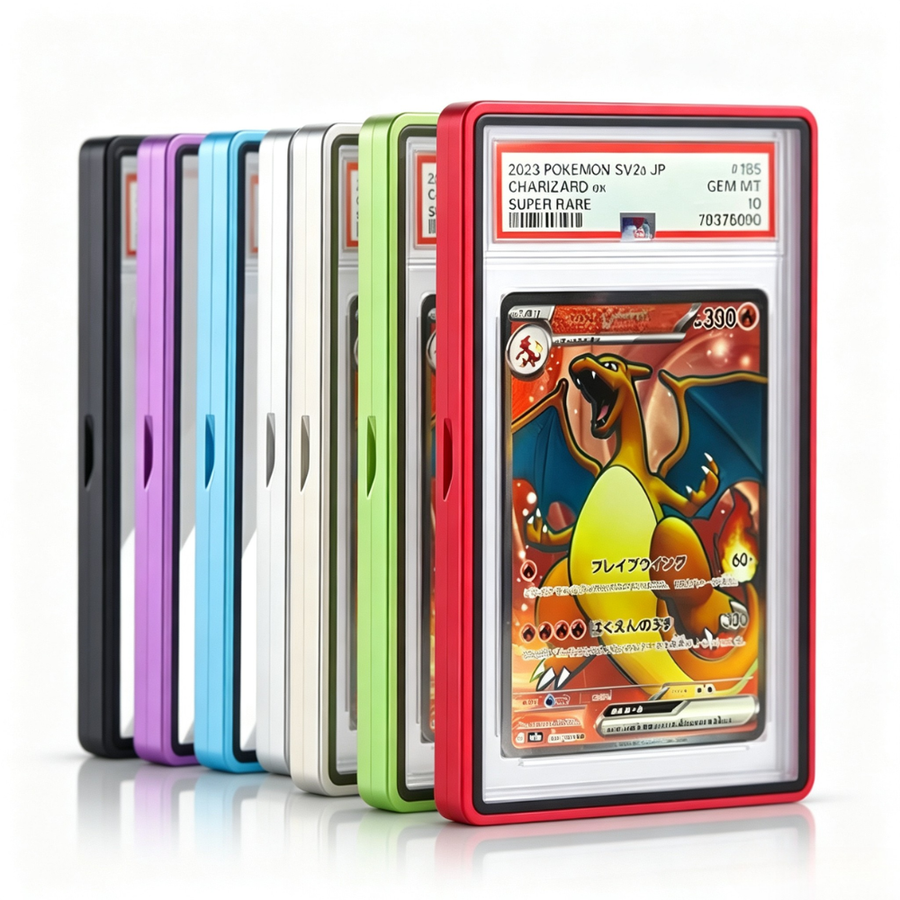 A graded Pokémon Charizard SV23 Jp card in a PSA Gem Mint slab, displayed in a red protective case in front of a row of other colorful card cases on a white background.